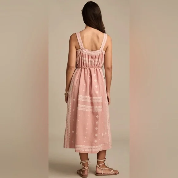 NWT Lucky Brand Boho Midi Dress Pink Embroidered Cotton Tie Waist Sz Small - Picture 5 of 5